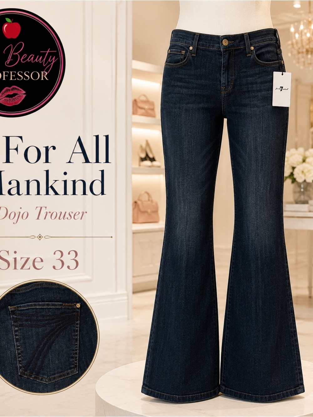 💕 7 For All Mankind Dojo Original Trouser Jeans Size 33 NWT Dark Wash Flare